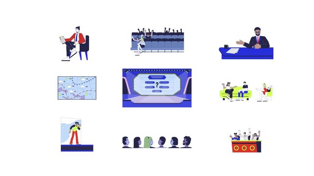 TV studio audience and entertainment programs cartoon animation pack. Quiz stage production. Audience engagement. Talk show animated flat 4K video collection isolated on transparent background