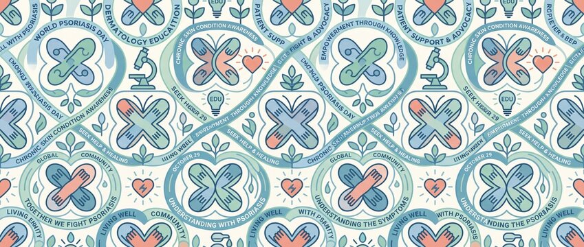 World psoriasis day vector pattern with medical awareness symbols and health education icons for chronic skin condition support