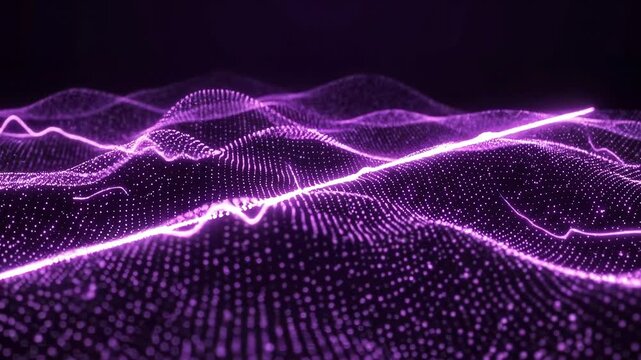 Abstract purple digital sound wave particle terrain on dark background 4k video
