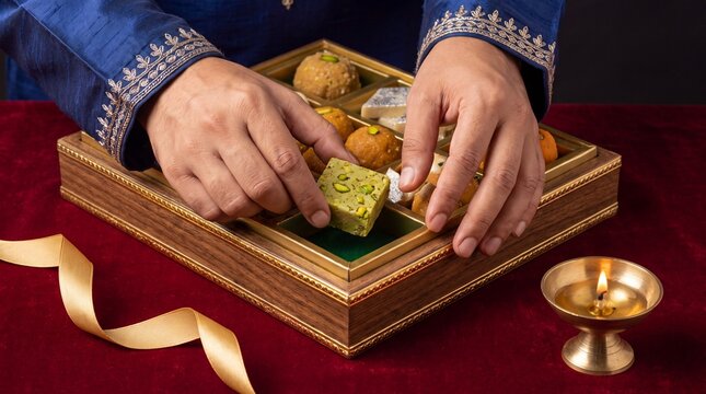 Person hands picking traditional indian sweets from a decorative box