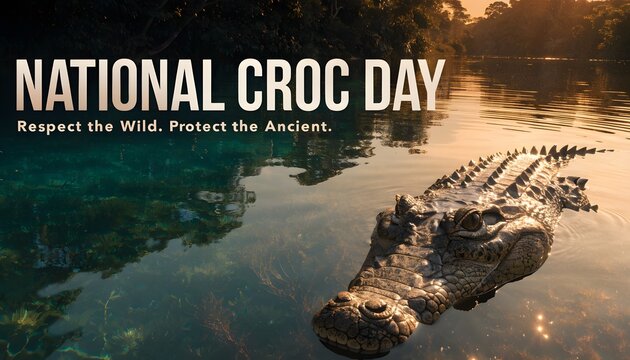 A large crocodile swimming in a calm river at golden hour