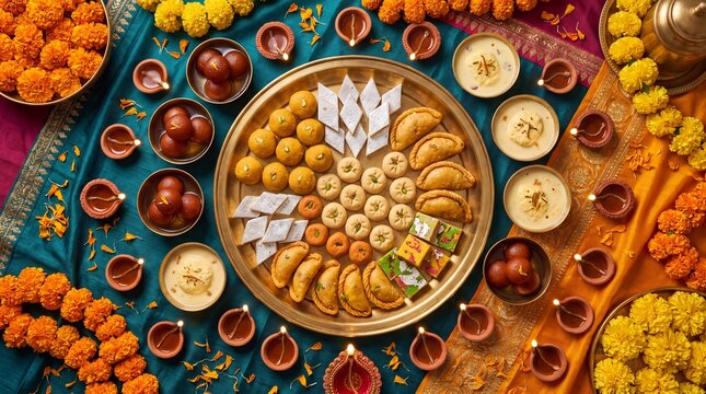 Traditional Diwali festival food platter with sweets and oil lamps on