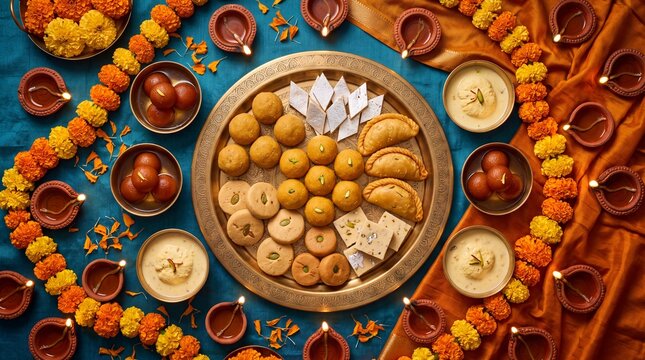 Traditional diwali sweets platter with marigold flowers and lit clay