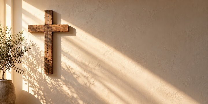 Wooden cross on textured wall with sunlight casting shadows
