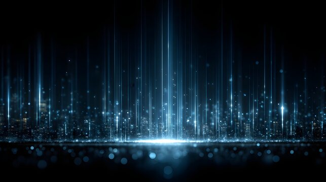 Vertical glowing blue light lines and particles rising from dark horizon with soft bokeh lights in futuristic tech background.