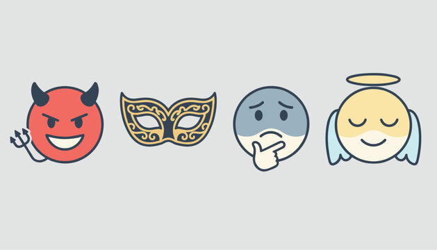 Line of cartoon emojis representing a devil, masquerade mask, thinking face, and a sweet angel on gray background.