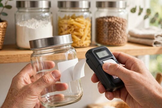 Hands using a handheld label printer to apply a blank white label to a glass pantry jar on bright wooden shelves