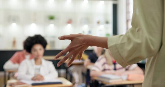 Teacher, hand and students in classroom with answer, education and ask question for knowledge quiz. Woman, educator and teaching in high school with teen group, discussion and query for learning.