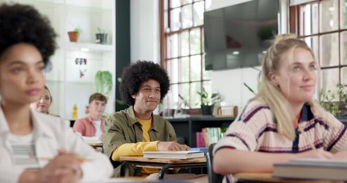 Education, student or hand up in classroom for question, response or constructive feedback in lesson. Teen boy, smile and gesture in high school for answer, learning opinion and opportunity for input