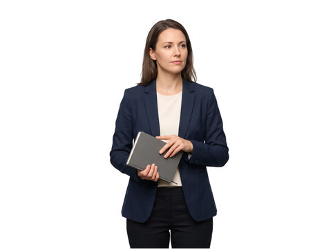 Professional businesswoman holding a notebook looking thoughtfully to the side isolated on transparent background