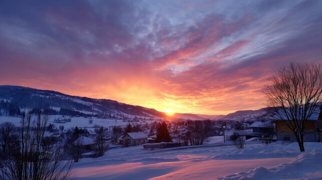 Beautiful view of winter landscape cold frosty day among mountains and warm cozy house in modern style. Rest, vacation, winter holidays away from city bustle. Relaxation and peace, winter background