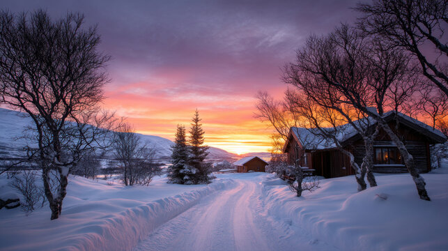Beautiful view of winter landscape cold frosty day among mountains and warm cozy house in modern style. Rest, vacation, winter holidays away from city bustle. Relaxation and peace, winter background