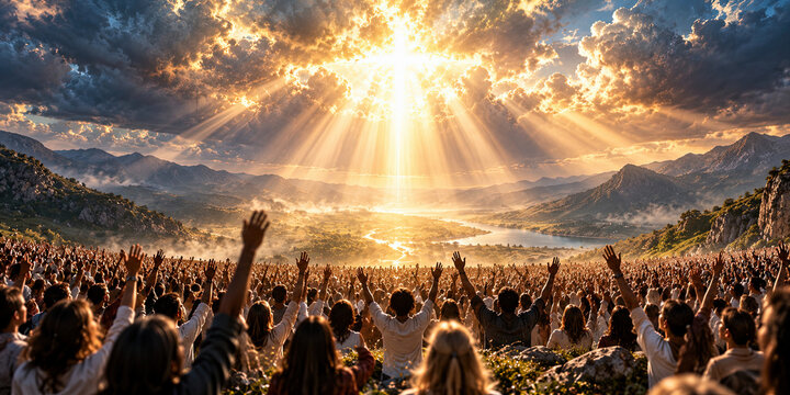 Large crowd gathers in awe under dramatic sky with sun rays breaking through clouds