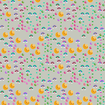 Seamless pattern of cartoon moons, stars, and rainbows