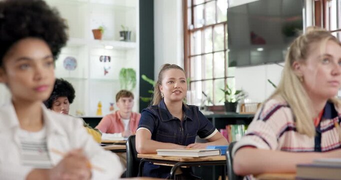 Education, student or hand up in high school for answer, response or constructive feedback in lesson. Teen girl, smile and gesture in classroom for question, learning opinion or opportunity for input