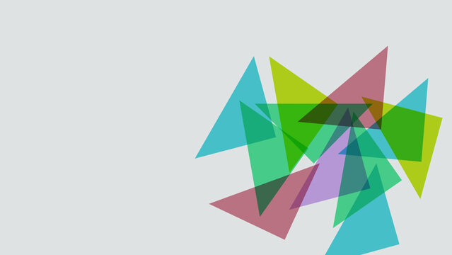 Abstract geometric background with colorful transparent overlapping triangles and copy space on gray backdrop