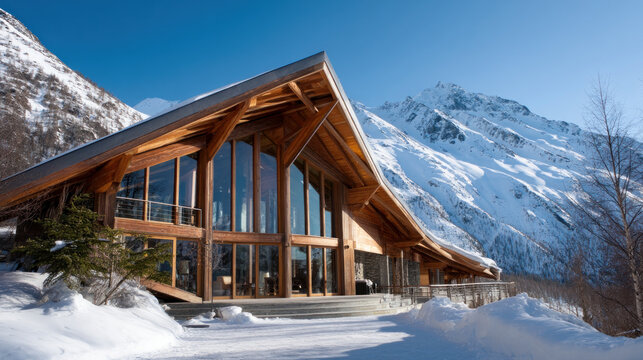 Beautiful view of winter landscape cold frosty day among mountains and warm cozy house in modern style. Rest, vacation, winter holidays away from city bustle. Relaxation and peace, winter background