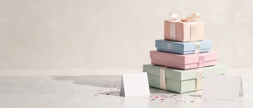 Stacked Pastel Gift Boxes with Blank Greeting Cards and Colorful Confetti on a Neutral Backgrond
