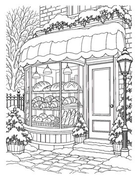 Winter Bakery Storefront with Striped Awning and Snowy Street Coloring