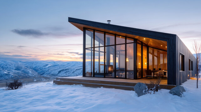 Beautiful view of winter landscape cold frosty day among mountains and warm cozy house in modern style. Rest, vacation, winter holidays away from city bustle. Relaxation and peace, winter background