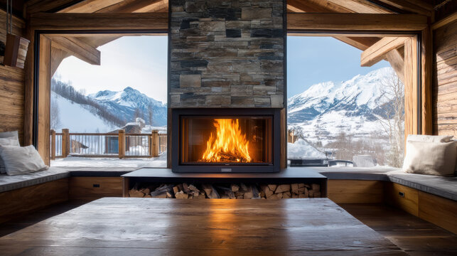 Beautiful view of winter landscape cold frosty day among mountains and warm cozy house in modern style. Rest, vacation, winter holidays away from city bustle. Relaxation and peace, winter background
