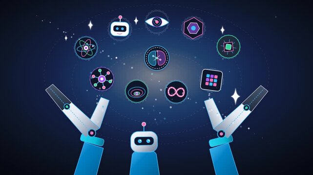 Bionic Robotic Hands Reaching Up with Glowing Neural Brain Vector Database and AI Agent Icons 4K