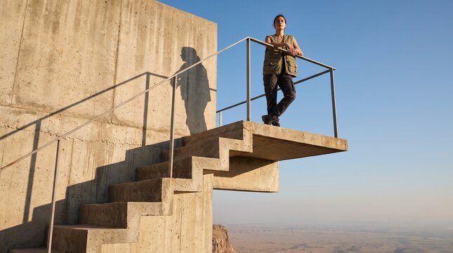 Woman wearing modern multi pocketed utility vest, Standing on floating geometric concrete staircase, Steep low angle emphasizing precarious sheer drop, Vertigo inducing