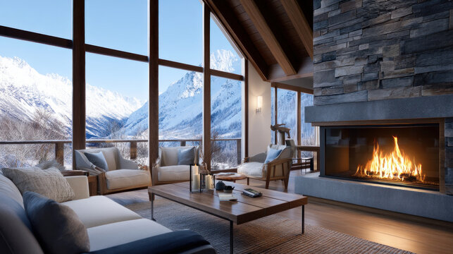 Beautiful view of winter landscape cold frosty day among mountains and warm cozy house in modern style. Rest, vacation, winter holidays away from city bustle. Relaxation and peace, winter background