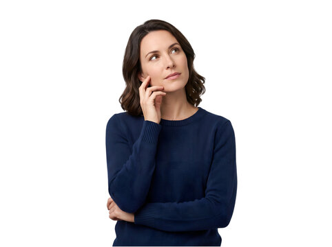 Pensive woman looking upwards with hand to chin thoughtful expression isolated on transparent background