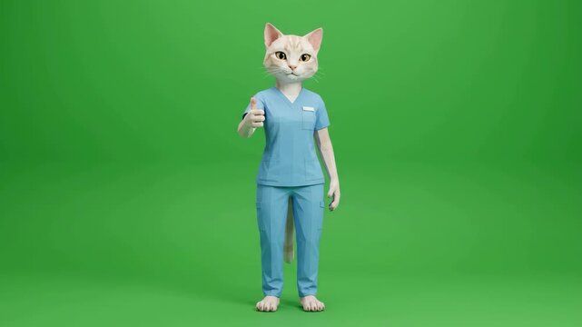 3D Character with Cat Head Wearing Blue Medical Scrubs Against Green Screen