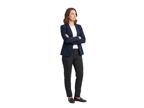 Confident businesswoman standing with arms crossed full body portrait isolated on transparent background