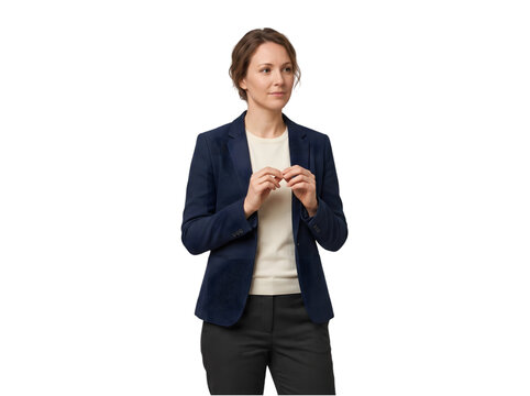 Professional woman in business attire gesturing with hands looking slightly to the side isolated on transparent background