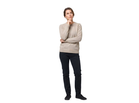 Pensive young woman in casual attire looking upwards with hand on chin isolated on transparent background