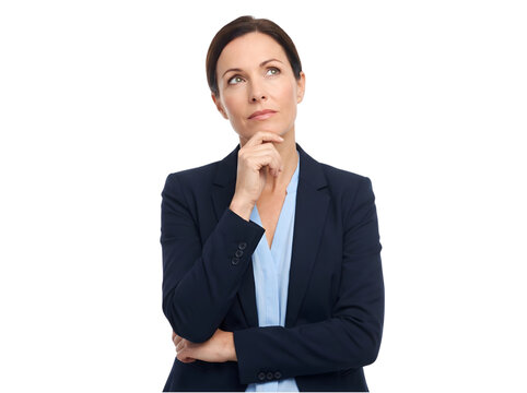 Thoughtful businesswoman in a suit looking upwards with hand on chin isolated on transparent background