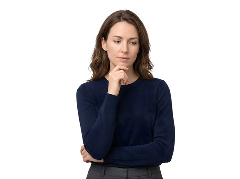 Thoughtful young woman in blue sweater pondering with hand on chin isolated on transparent background