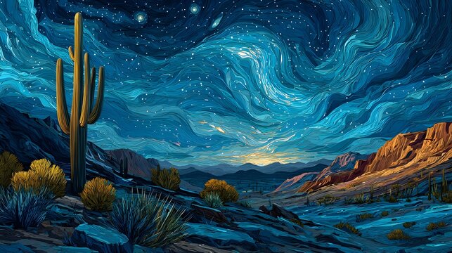 Artistic oil painting of saguaro cactus in rocky desert with swirling blue starry sky and canyon mountains.