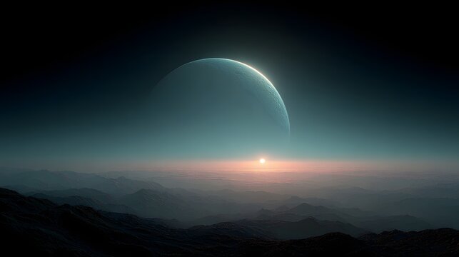 Sci-fi planet landscape view looking toward crescent gas giant planet and faint sun rising over mountains.