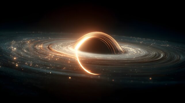 Deep space black hole visualization with glowing accretion disk glowing dust particles and gravitational lens effect.