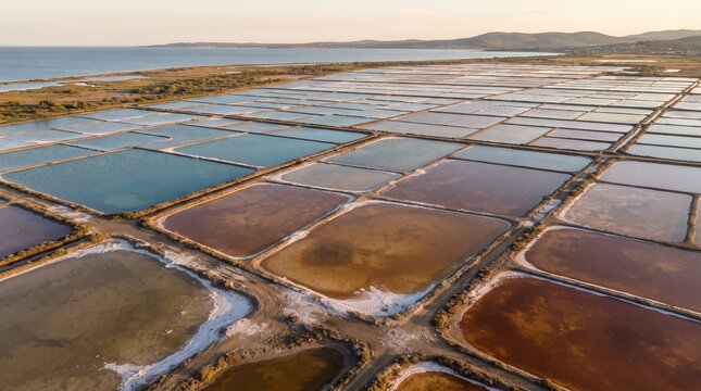 Aerial view of colorful salt evaporation ponds near the coast during golden hour sunset.