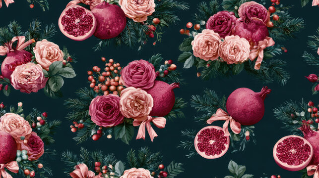 Elegant seamless pattern with sliced pomegranates, blush pink and burgundy roses, red berries, pine branches and ribbons on a dark teal background. Festive botanical design for fabric and wrapping pap