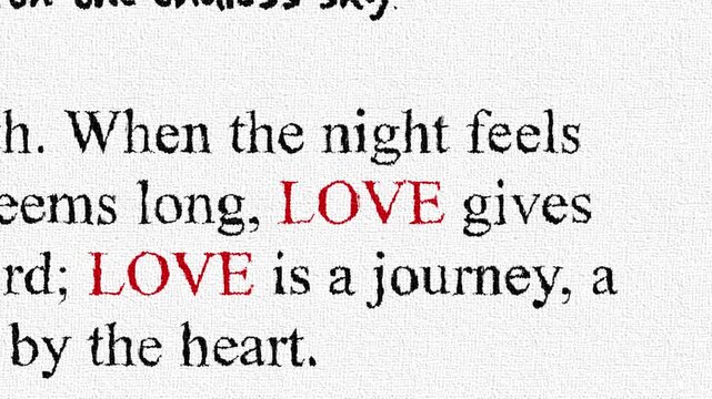 Kinetic typography video showing the word love and romantic text quotes on vintage paper texture background.
