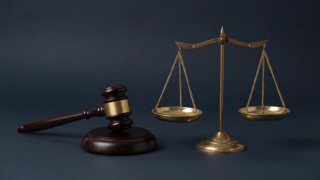 Judge gavel and brass scales of justice on dark background