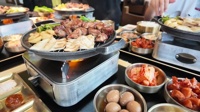 Korean Barbecue Beef and Side Dishes Sizzling on Table Grill