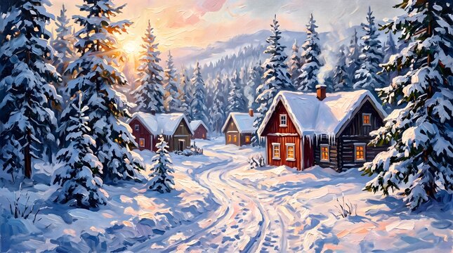 Snowy cabins nestled amongst evergreen trees in a winter wonderland landscape