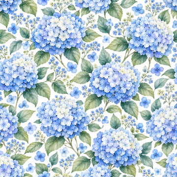 Elegant seamless watercolor floral pattern featuring beautiful blue and light blue hydrangea blossoms