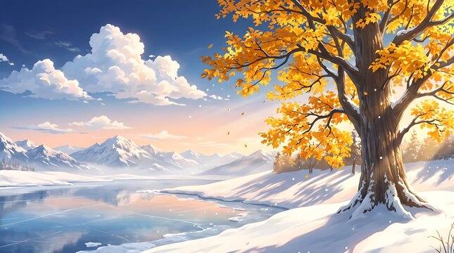 Winter landscape with a golden tree and a colorful sky at dusk