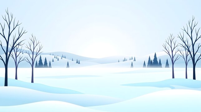 Winter landscape with snow covered trees and a pathway through a frozen field