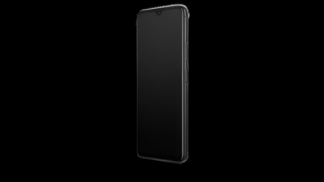A 3D render of a smartphone silhouette with a teardrop notch display, isolated against a solid dark background