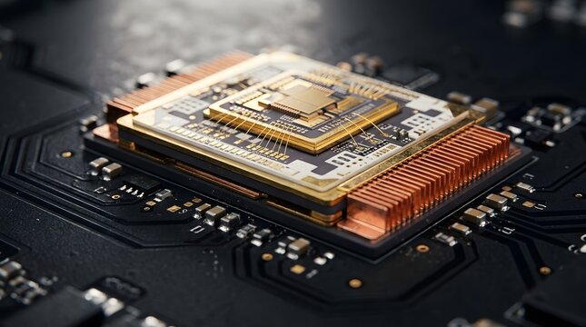 Advanced microprocessor chip mounted on a dark circuit board featuring intricate gold wiring and cooling components