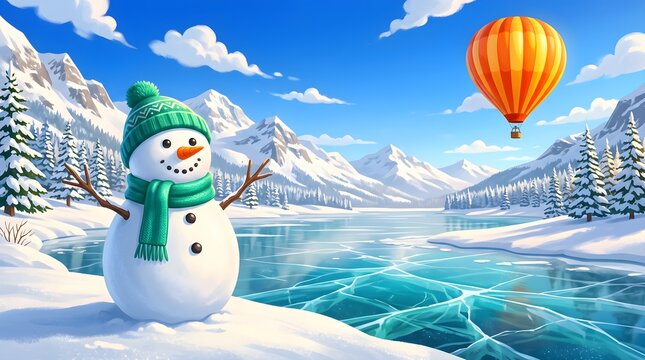 Winter wonderland scene with snowman and hot air balloon in snowy landscape